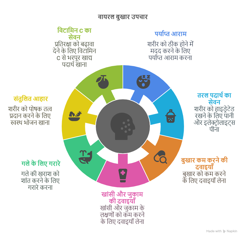 Diagram with three sections labeled "health," "nutrition," and "food," connected to viral fever symptoms in Hindi