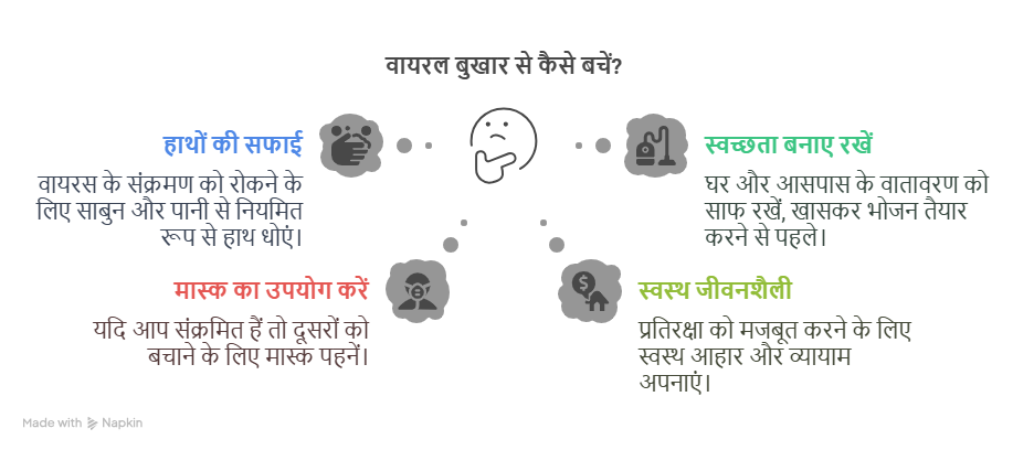 Diagram with three sections labeled "health," "nutrition," and "food," connected to viral fever symptoms in Hindi