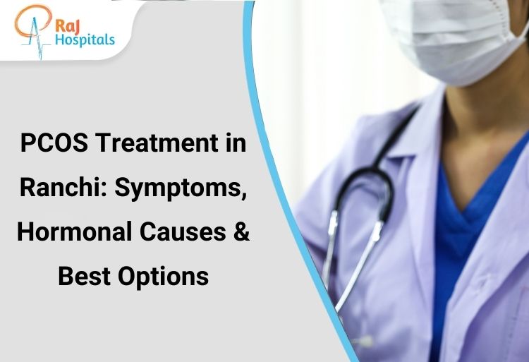 Doctor with stethoscope beside PCOS treatment title banner.