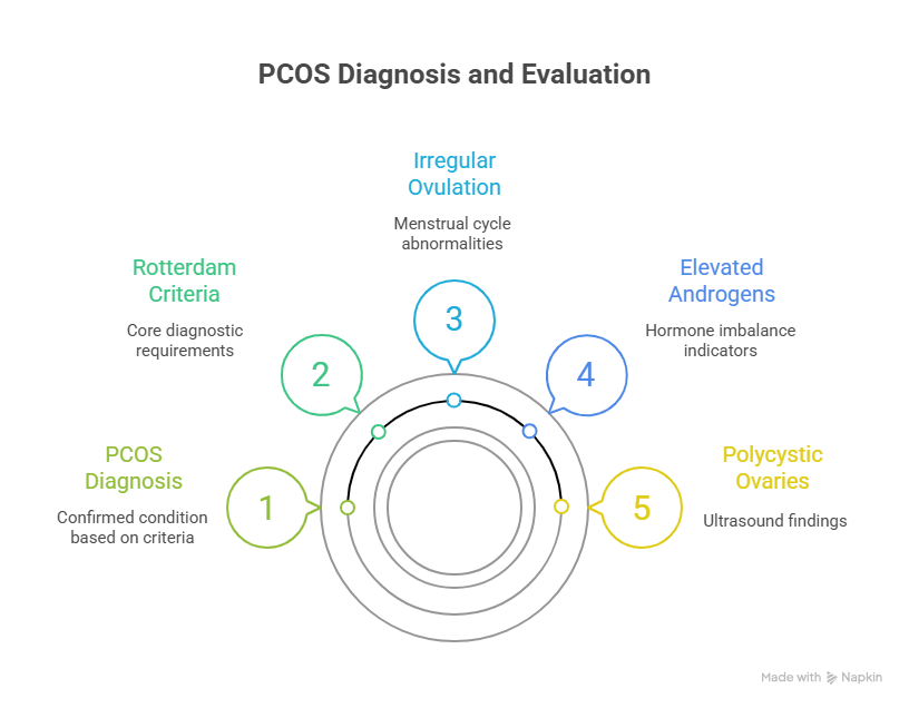 Diagram showing key steps in PCOS diagnosis and evaluation