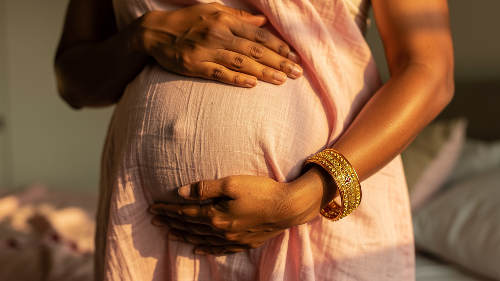 Woman gently holding her belly during early pregnancy