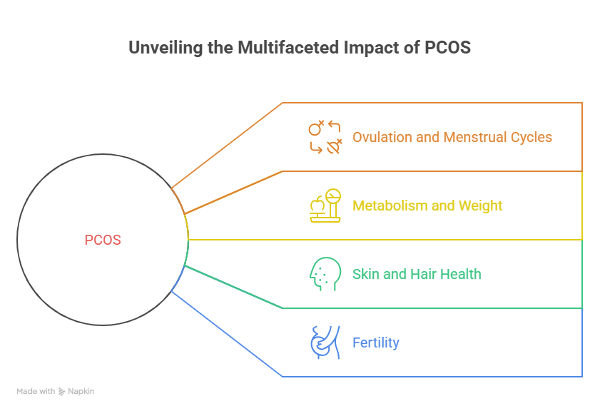 Graphic showing PCOS impacts like menstrual cycle, weight, skin, and fertility