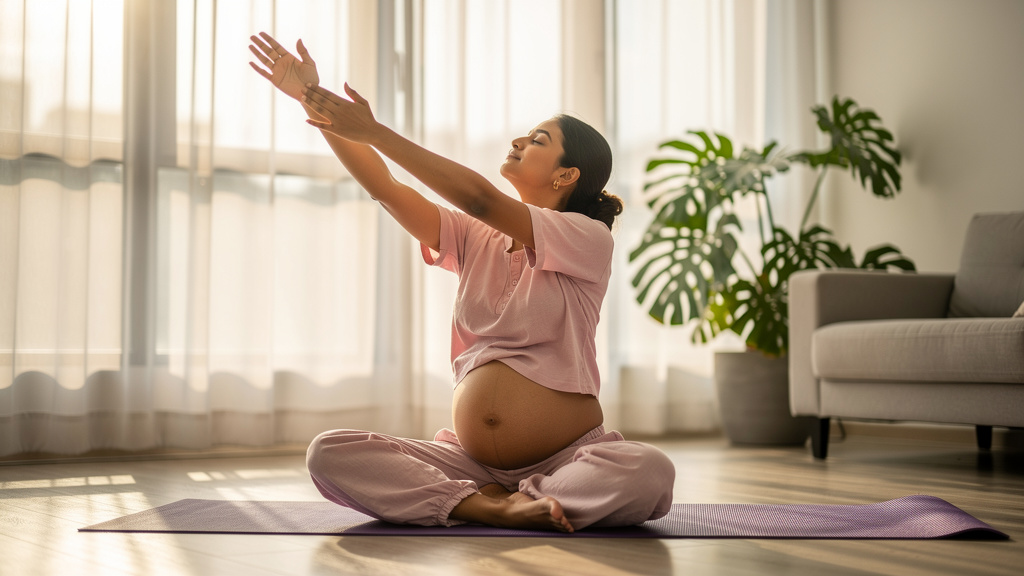 Pregnant woman doing safe prenatal yoga