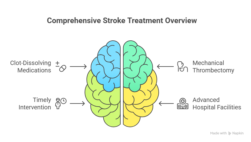 Diagram of key stroke treatment methods and hospital care.