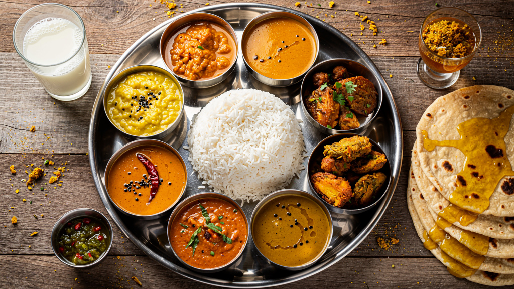 Traditional Indian thali with oily fried foods